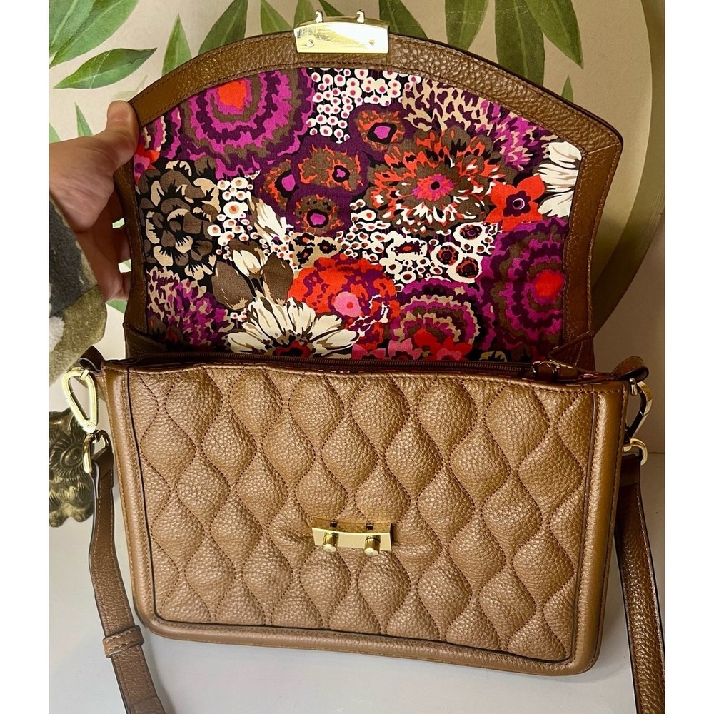 Vera Bradley Lydia Crossbody Purse Womens Cognac Brown Quilted Leather Excellent - Picture 8 of 11